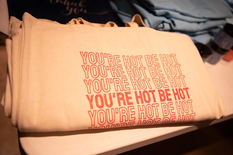 natural canvas totes with logo reading "you're hot be hot"